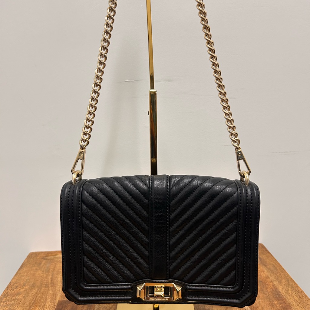 Chevron Quilted Love Crossbody | Black Quilted Crossbody Bag With Gold Chain